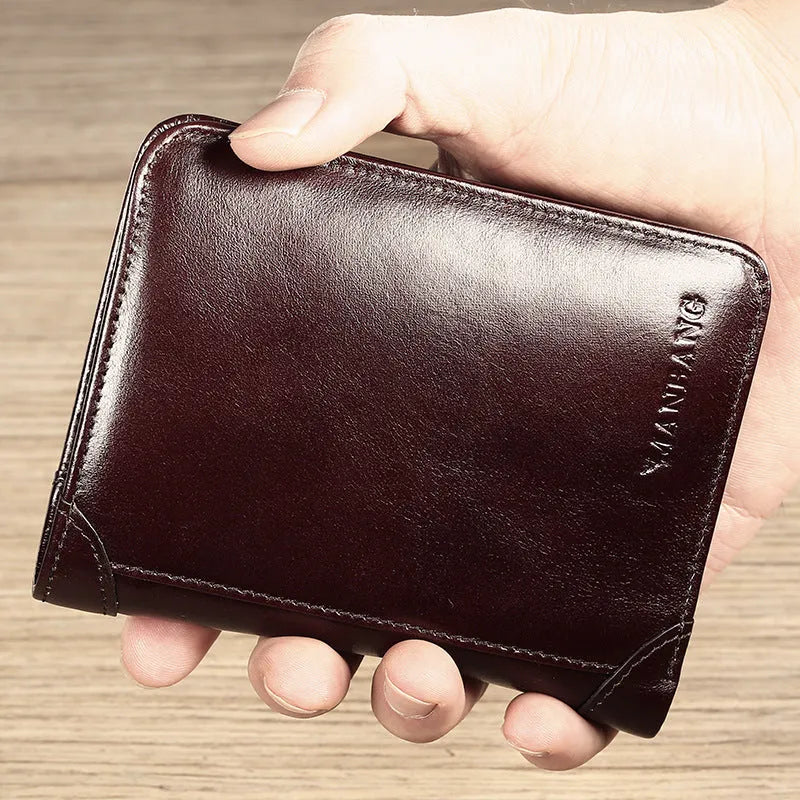 Men's black or brown leather wallet open to show photo window, card slots, and coin pocket.