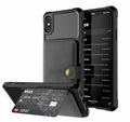 Geometric pattern black PU leather mobile phone case fitted on a smartphone.