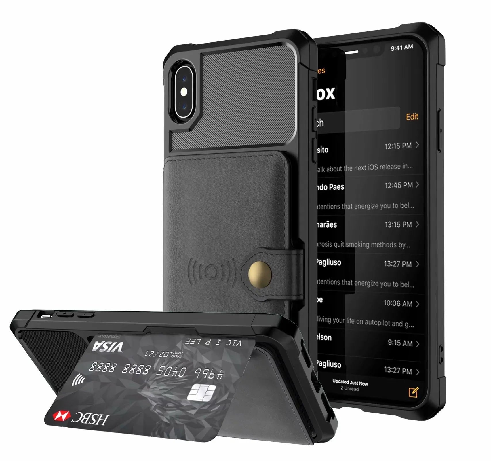 Geometric pattern black PU leather mobile phone case fitted on a smartphone.