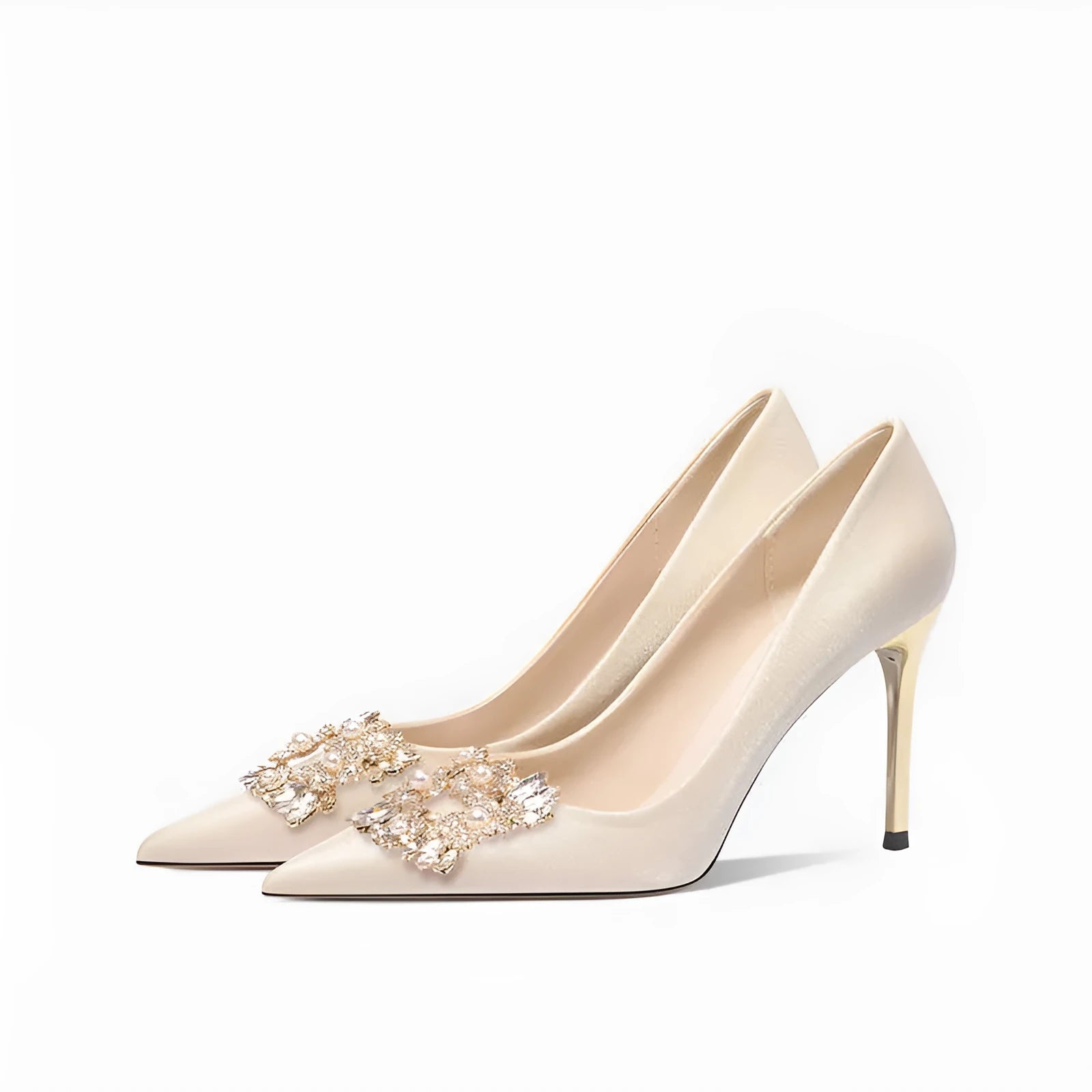 Pointed toe crystal bridal high heels with rhinestones on a cloth upper, showing stiletto and cat heel style options.