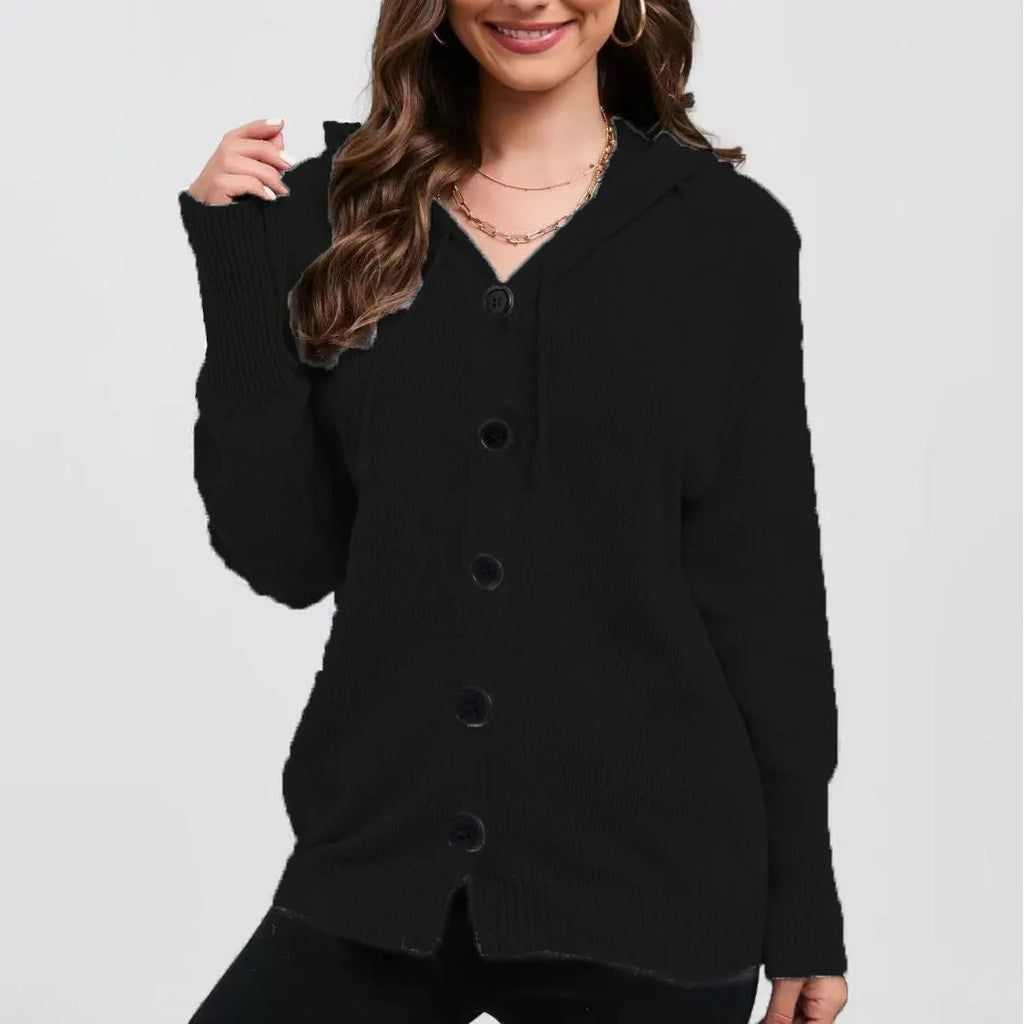 Women's loose fit hooded cotton cardigan sweater in a solid colour with long sleeves.
