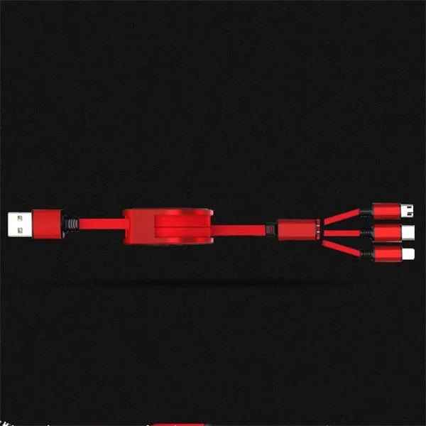 A black telescopic charging cable with titanium alloy connectors, extended to show its 120 cm length.