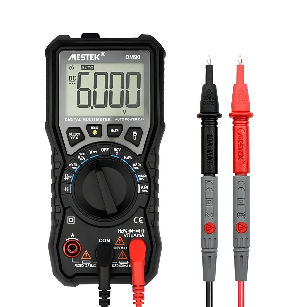 DM90A digital multimeter with display showing readings, includes test leads for electrical and temperature measurement.