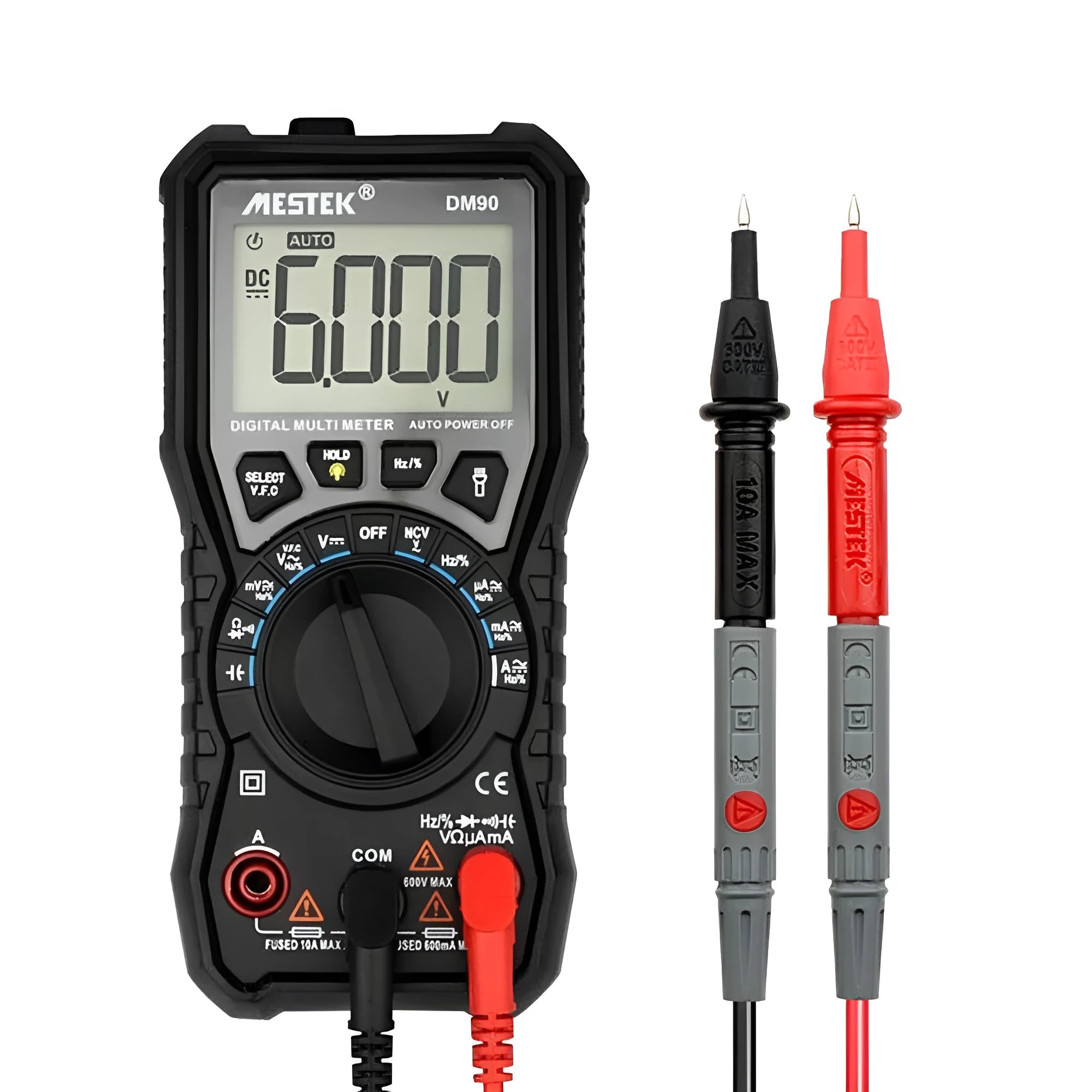 DM90A digital multimeter with display showing readings, includes test leads for electrical and temperature measurement.