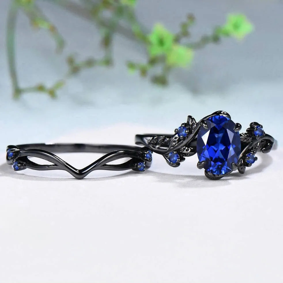Gun black copper ring with navy blue rhinestone inlay for women geometric design