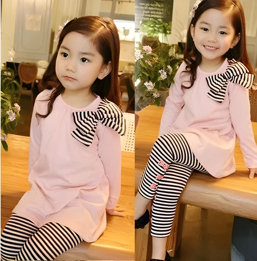Pink cotton girls clothing set showing size options 110cm 120cm 130cm 140cm