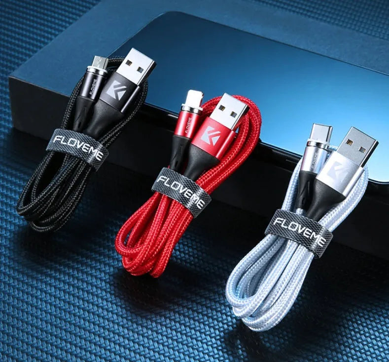 Black magnetic fast-charge data cable with side LED light and Type-C, Lightning, and Micro-USB connectors.