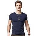Men's short sleeve T-shirt in bamboo blend fabric, shown in various colours with size label detail.