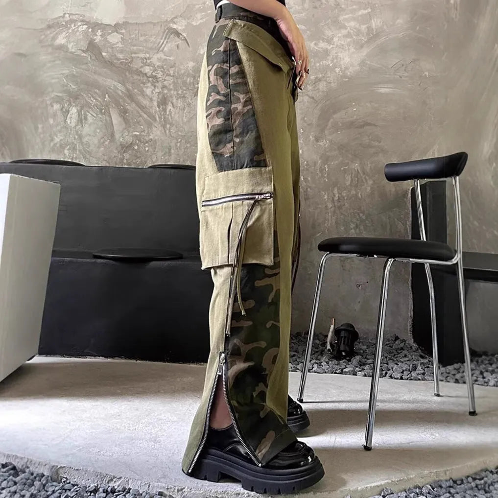 High waist straight leg jeans with dark khaki leopard print and fake stitching tooling design