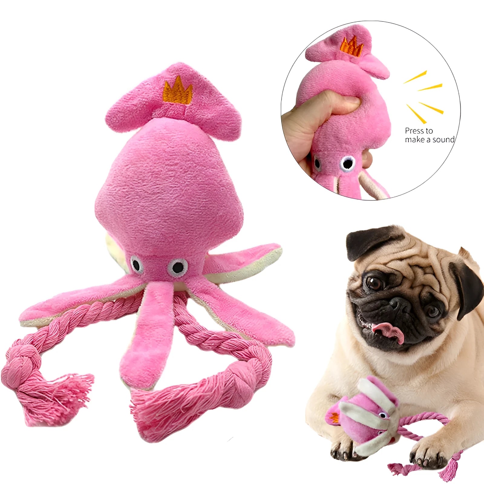 Pink squid-shaped plush dog chew toy with squeaky whistle, corduroy fabric, 32cm body length