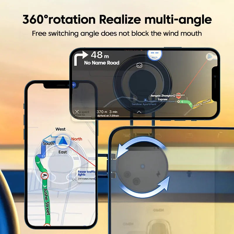 Telescopic folding car phone holder with magnetic mount on a car dashboard.