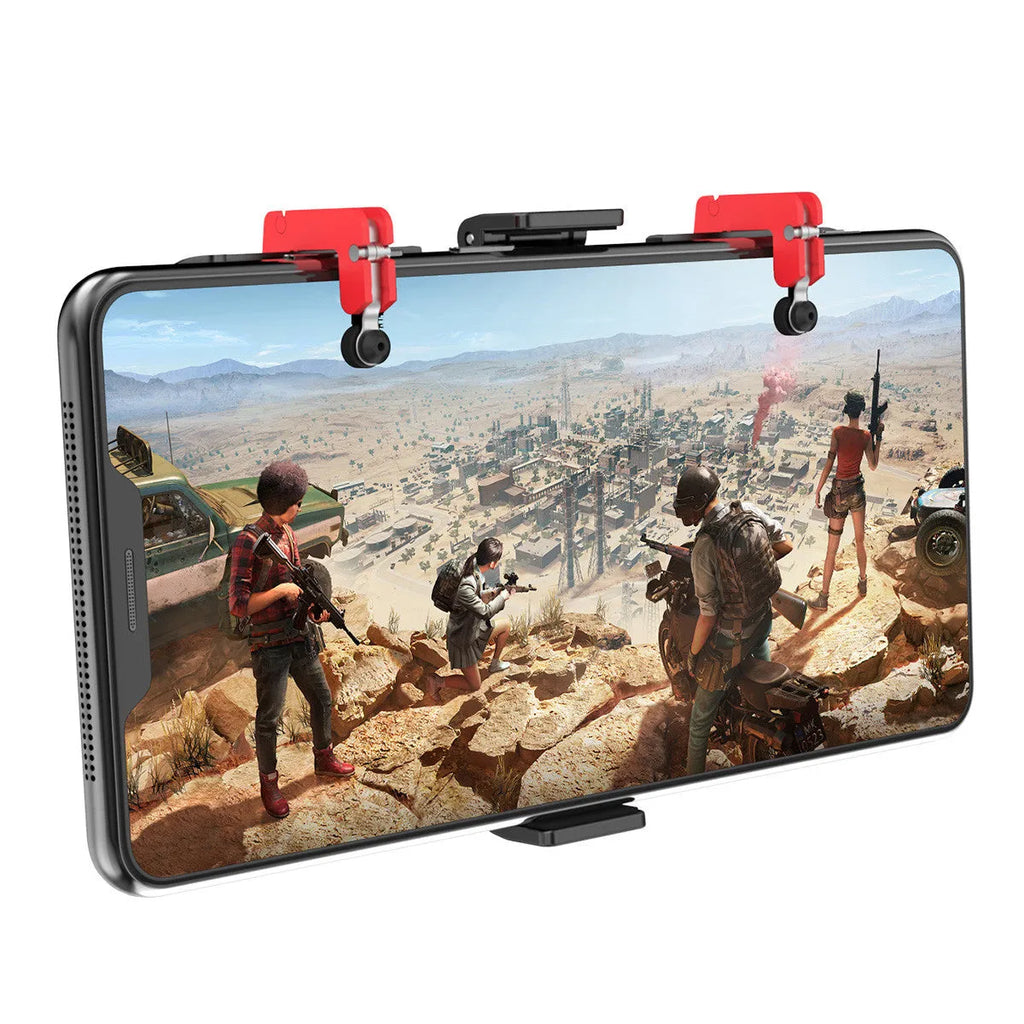 Black phone gaming trigger bracket stand with a metal handle and adjustable trigger for mobile shooting games.