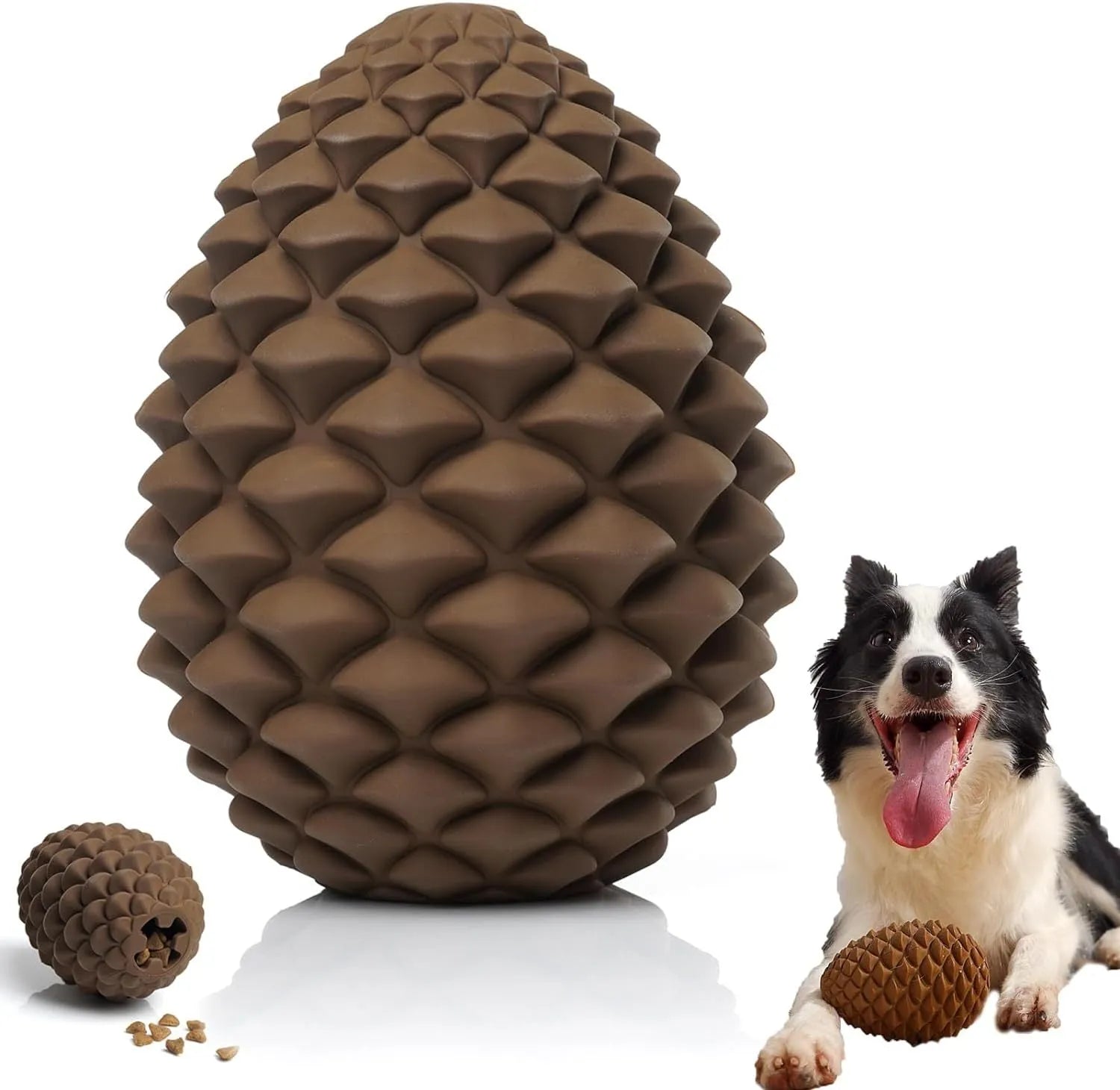 Yellow pine cone shaped dog chew toy with textured surface and treat dispensing hole