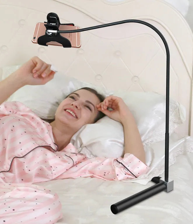 Mobile phone bed bracket with overhead support shelf in black and white colour options