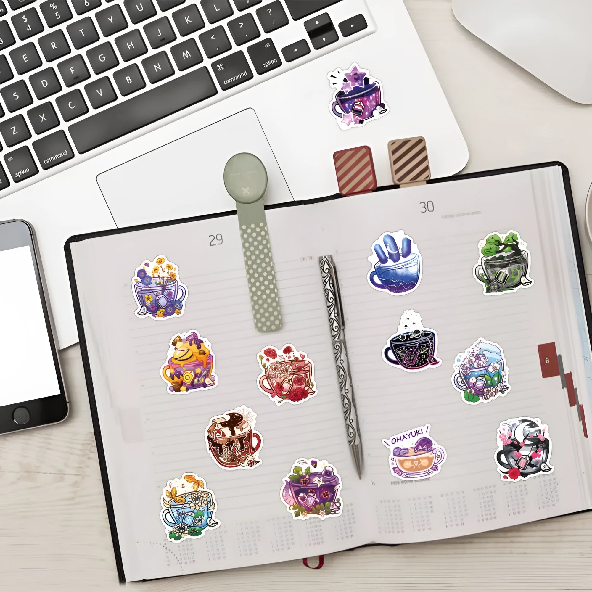 Pack of 50 colourful tea cup graffiti waterproof vinyl stickers in Nordic style for luggage and scooters.