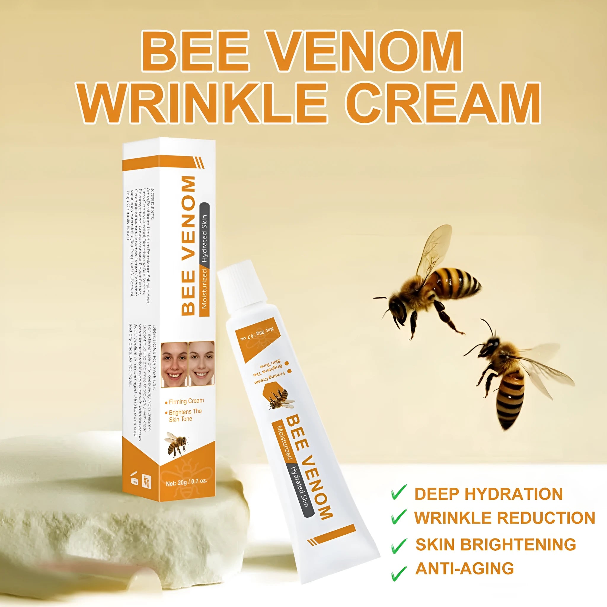 BEE Facial Neck Cream 20g tube on a white background, showing product label and specification FP-A024