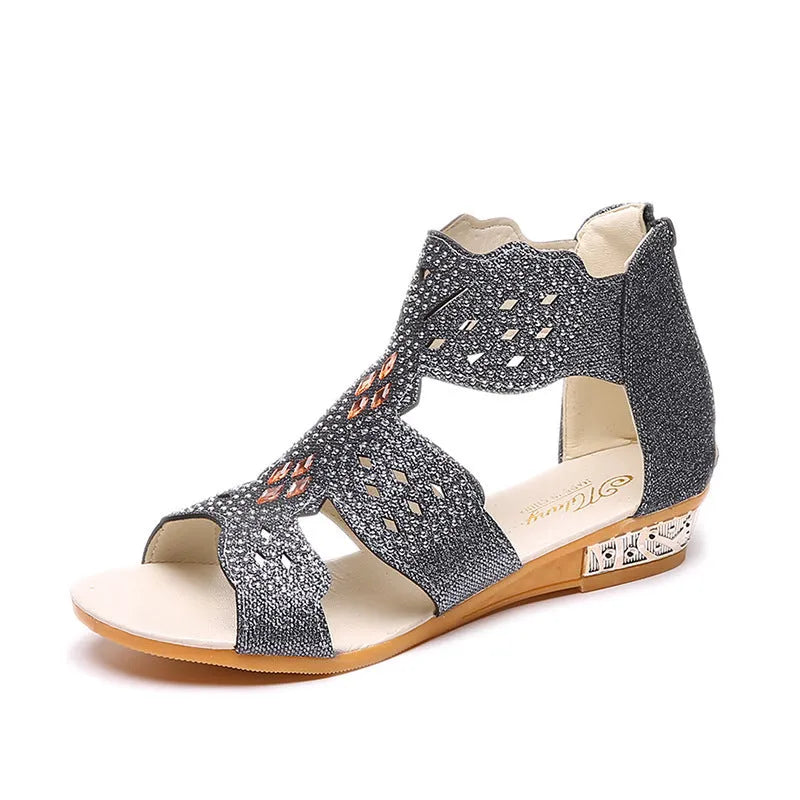 Women's flat sandals with rhinestone hollow design open toe back zipper PU upper rubber sole in beige