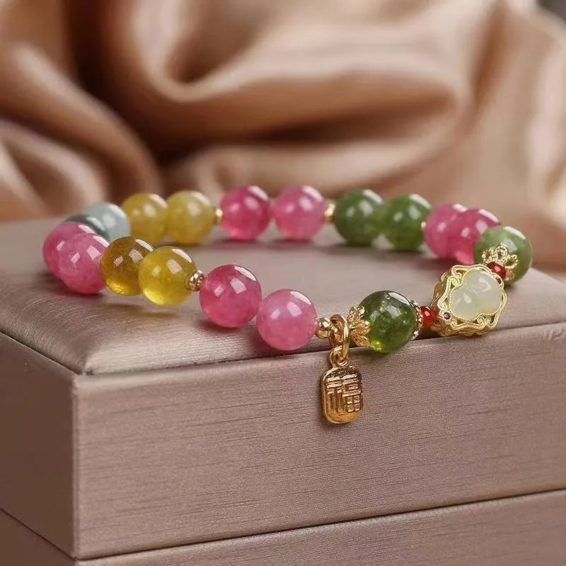 Women's mixed material bracelet with colourful tourmaline gourd blessing card and electroplated finish, flower shape