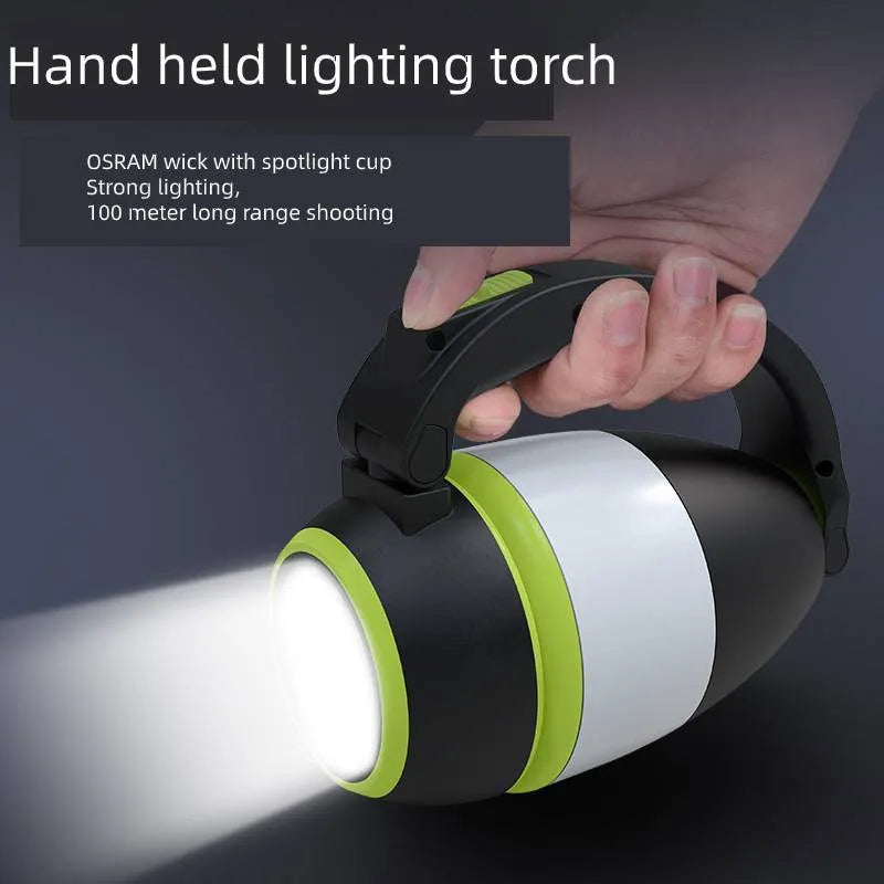 Black green three-in-one LED camping lamp with adjustable head and USB charging port