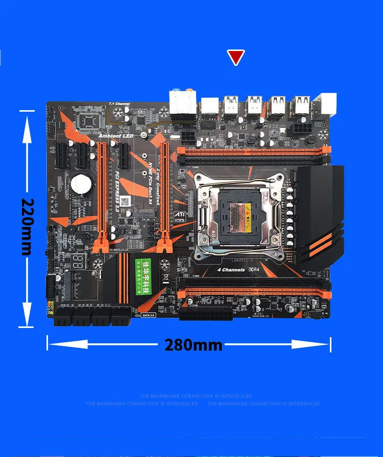 X99 computer motherboard with LGA2011-3 socket, four DDR4 slots, dual PCI-E x16, and black PCB