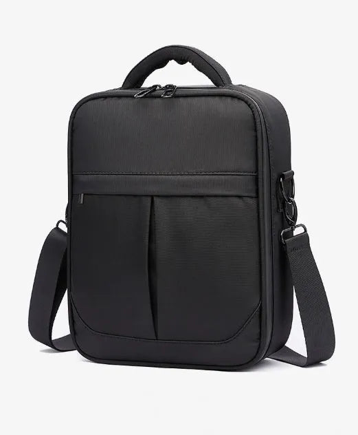 Black Oxford fabric men's messenger shoulder bag showing front and side profile.