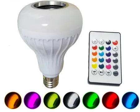 White smart LED Bluetooth speaker light bulb with E27 screw base for colour-changing mood lighting.