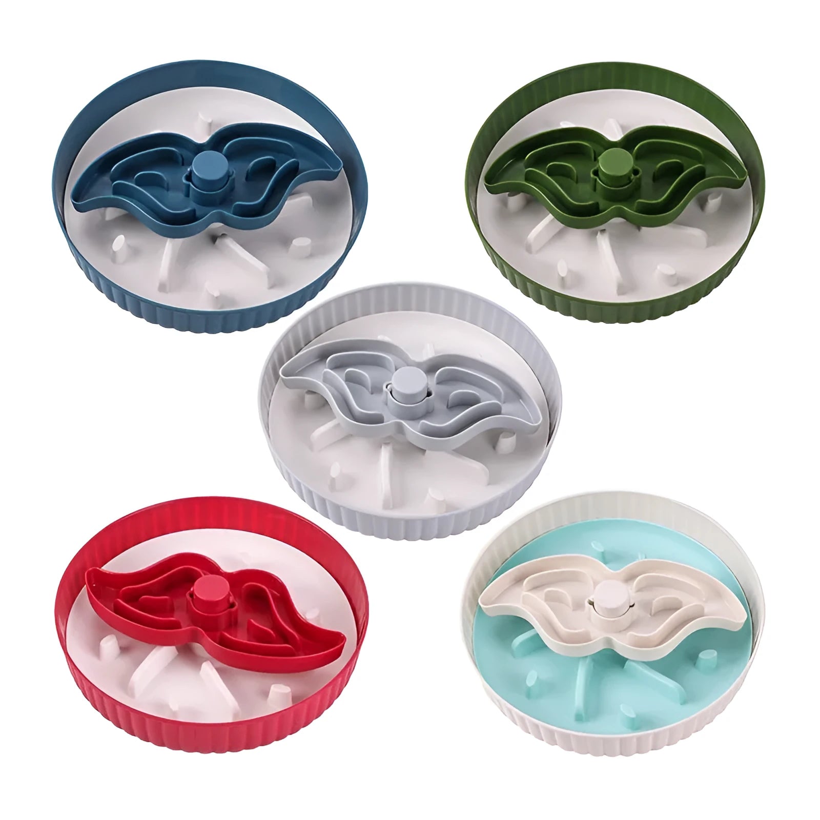 Pet slow feeder bowl with rotating game board showing anti-choke silicone pad in multiple colour options
