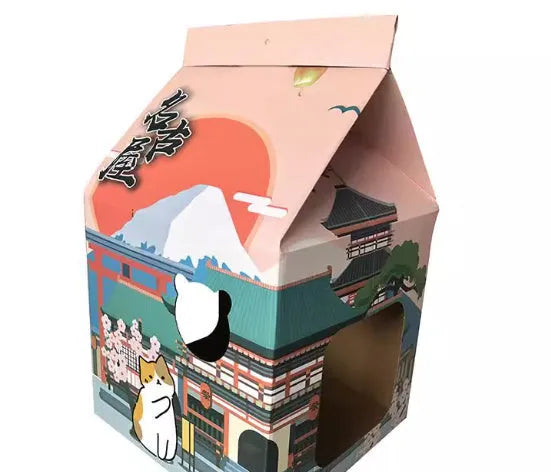 Foldable corrugated paper cat scratching board with Nagoya design that converts to cat nest