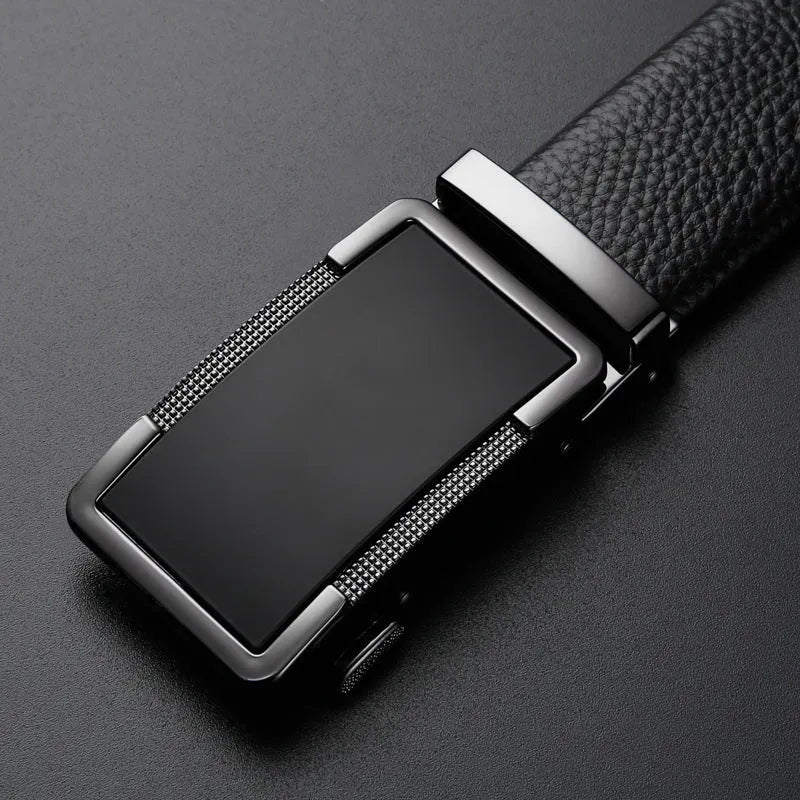 Men's leather automatic buckle belt in gun black, silver, and gold finishes showing the Comfort Click mechanism.