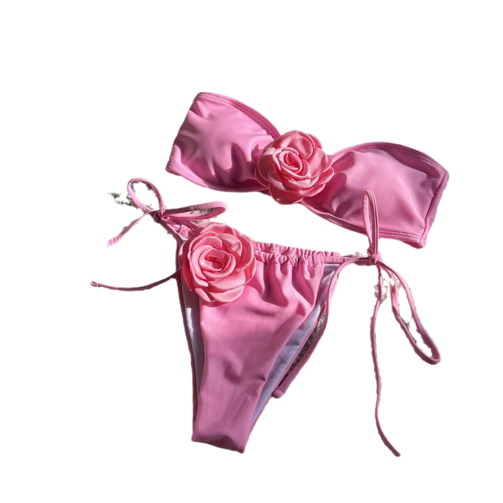 Women's solid colour polyester tube top swimsuit with drawstring straps and split detail, shown in rose red
