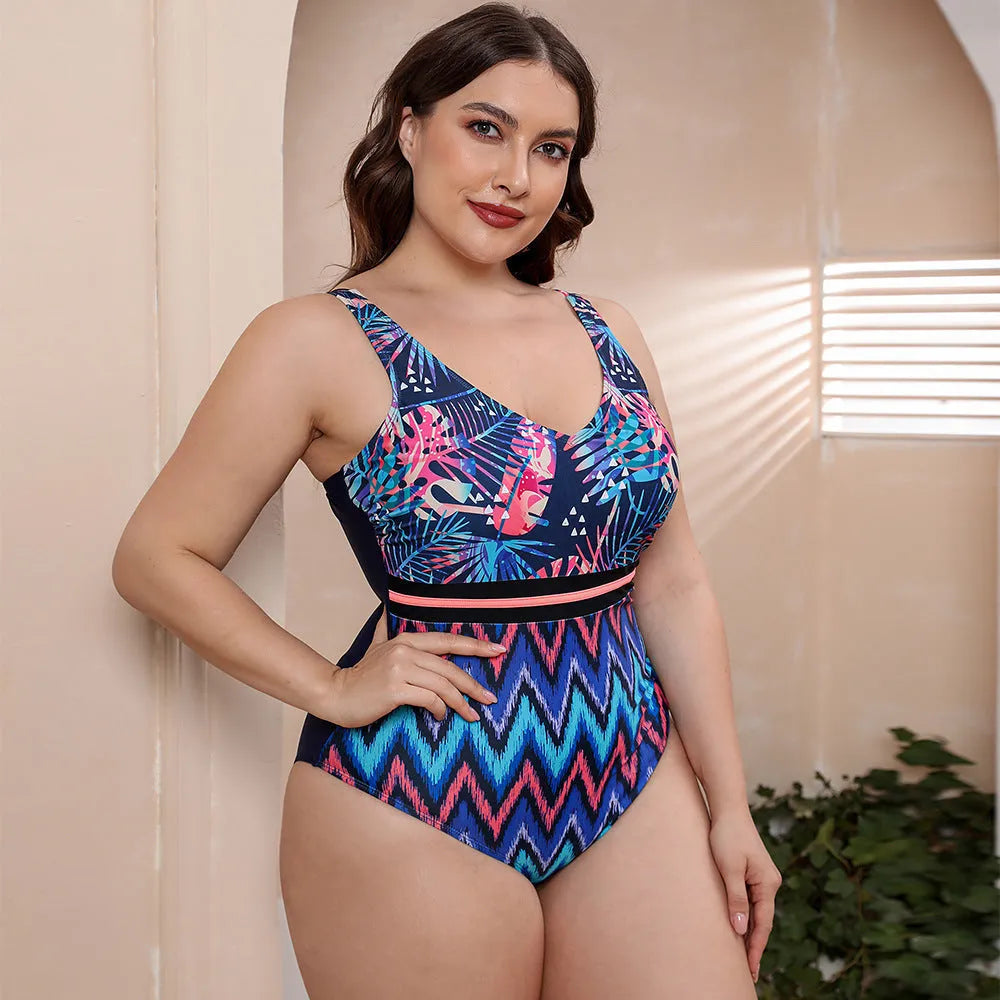 Women's striped vest print one-piece swimsuit with spaghetti straps in blue pattern