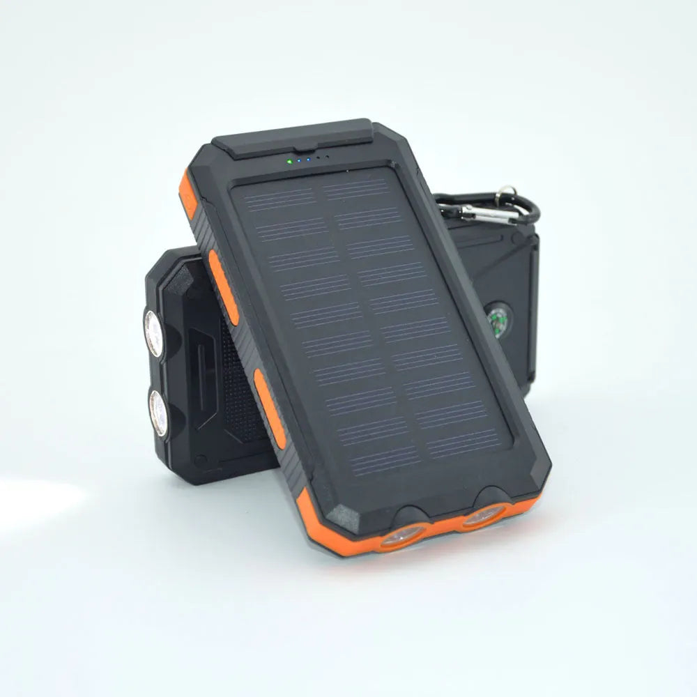 20000mAh solar power bank with compass and dual LED flashlights in black blue