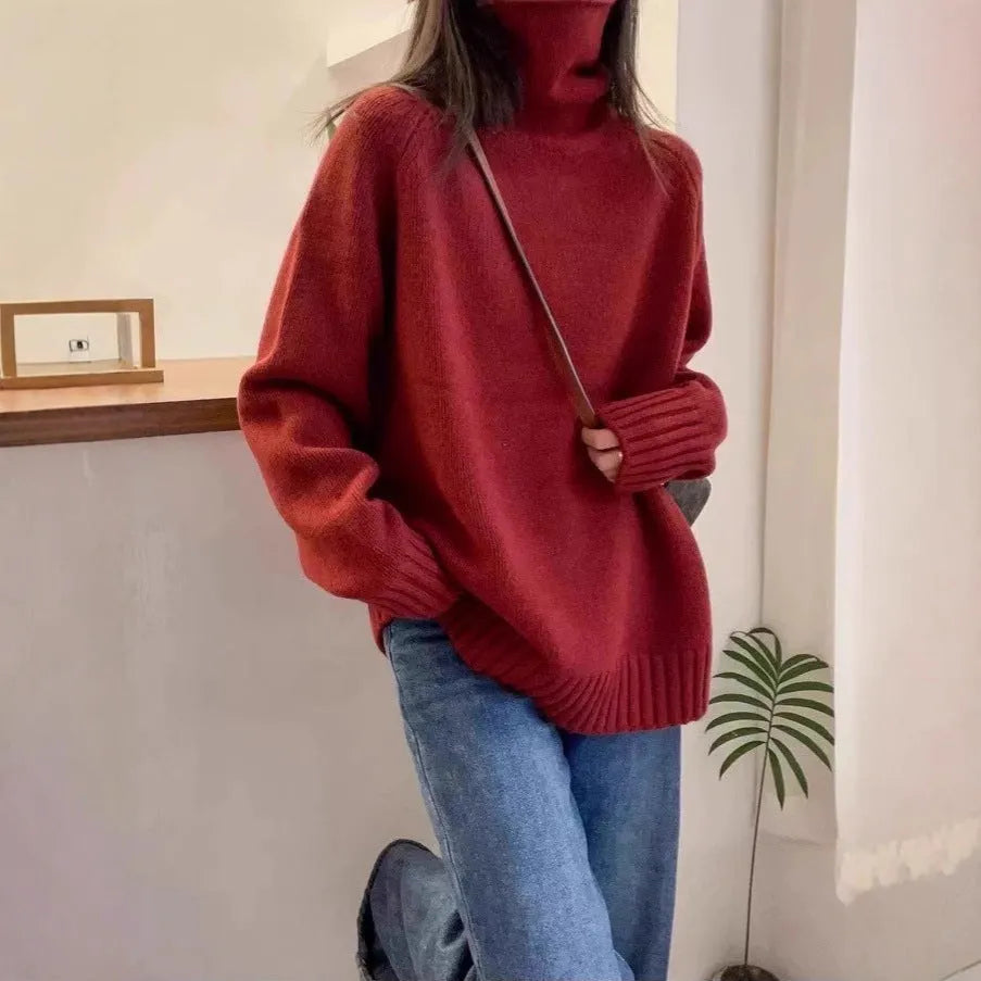 Women's loose thick turtleneck sweater with textured curling pile collar in solid colour