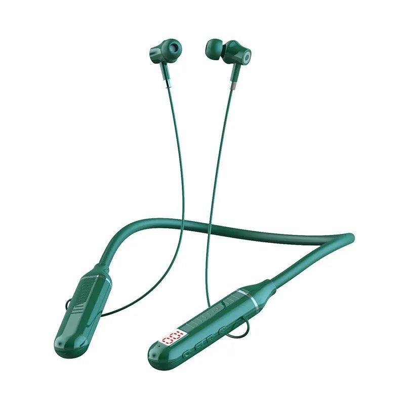 Black wireless Bluetooth sports headset with neckband design and earbuds