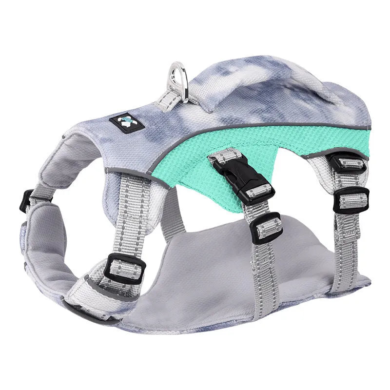 Reflective light blue dog chest strap showing adjustable design for summer walking safety
