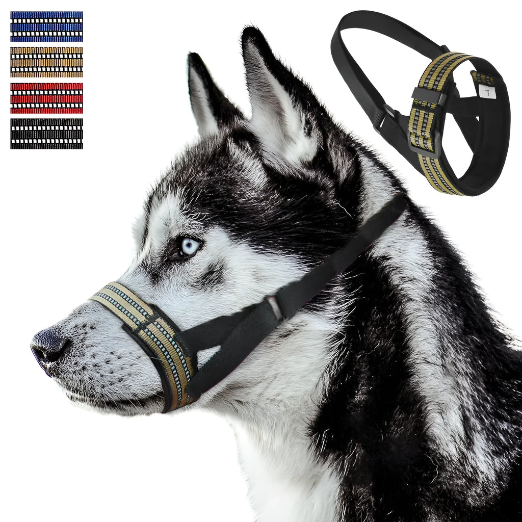 Adjustable reflective anti-biting dog muzzle for medium large dogs in black on a white background