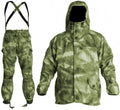 Men's special forces tactical jacket and trousers set in olive green, shown in an outdoor setting.