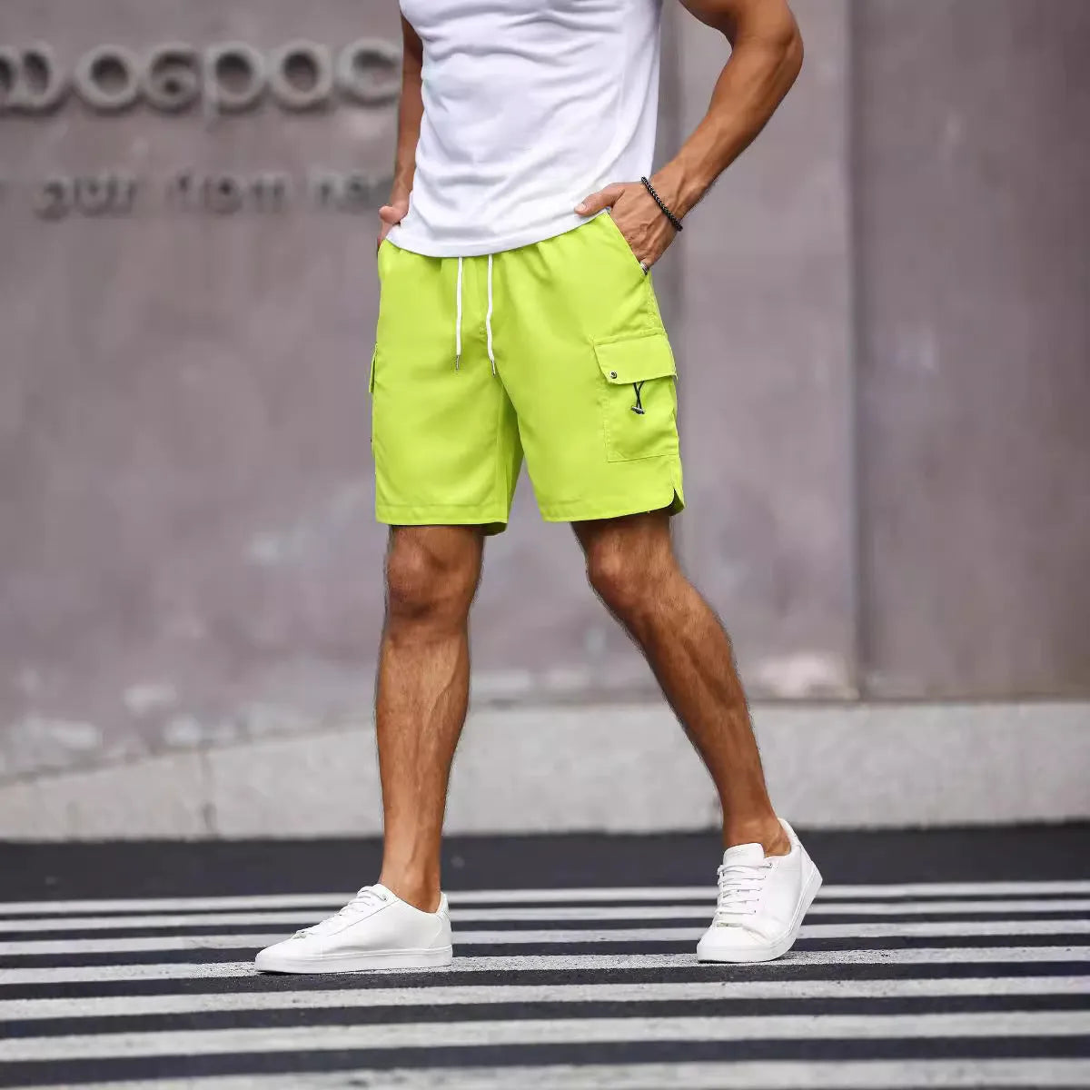 Men's loose fit work shorts in cool silk cotton polyester fabric, available in fluorescent green and army green colours