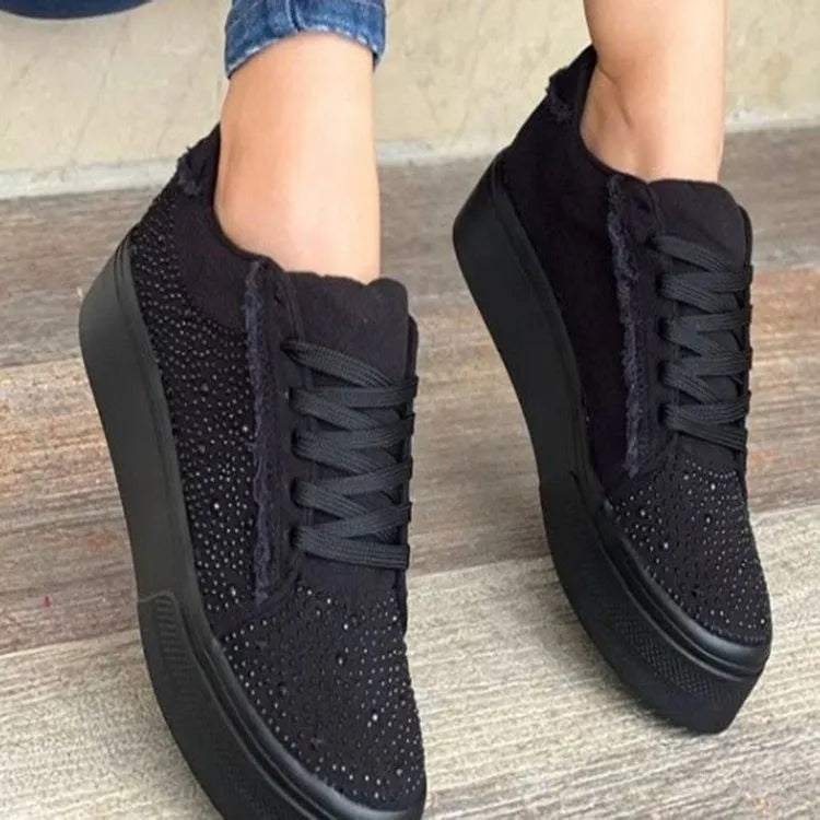 Plus size women's lace-up casual shoes with rhinestone accents on black PU upper