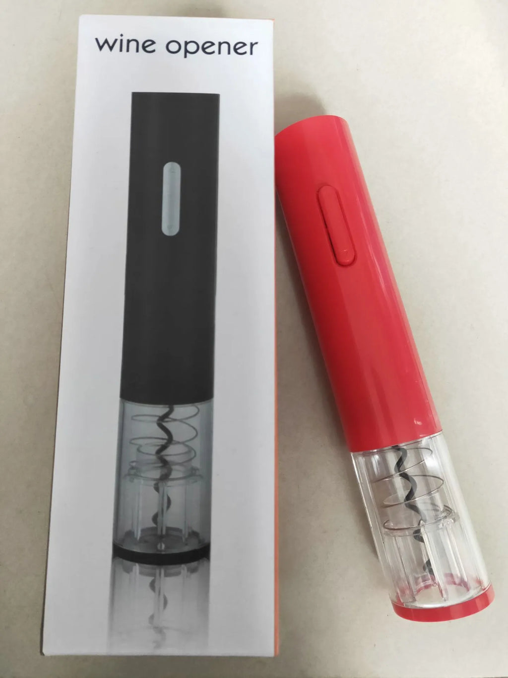Automatic electric wine opener with foil cutter in black, red and white colour options.