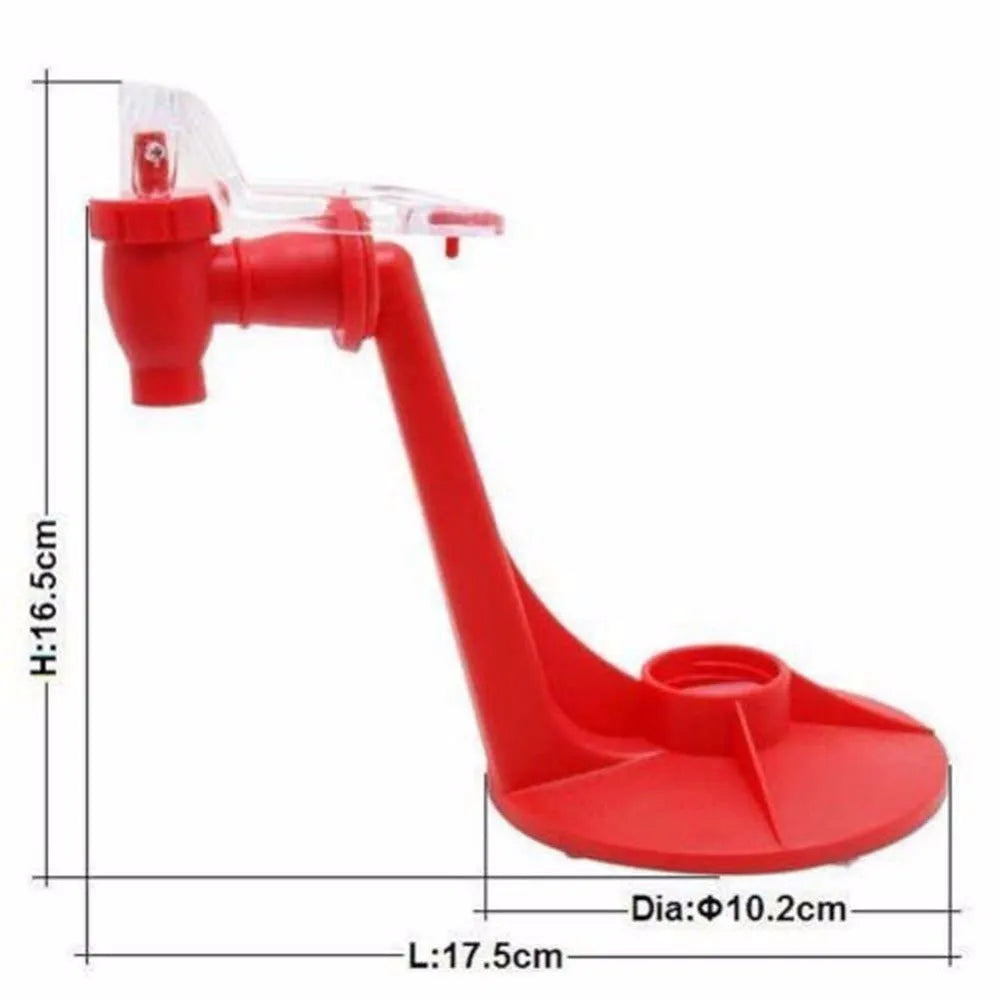 Red plastic Magic Tap soda dispenser mounted on inverted 2-litre bottle