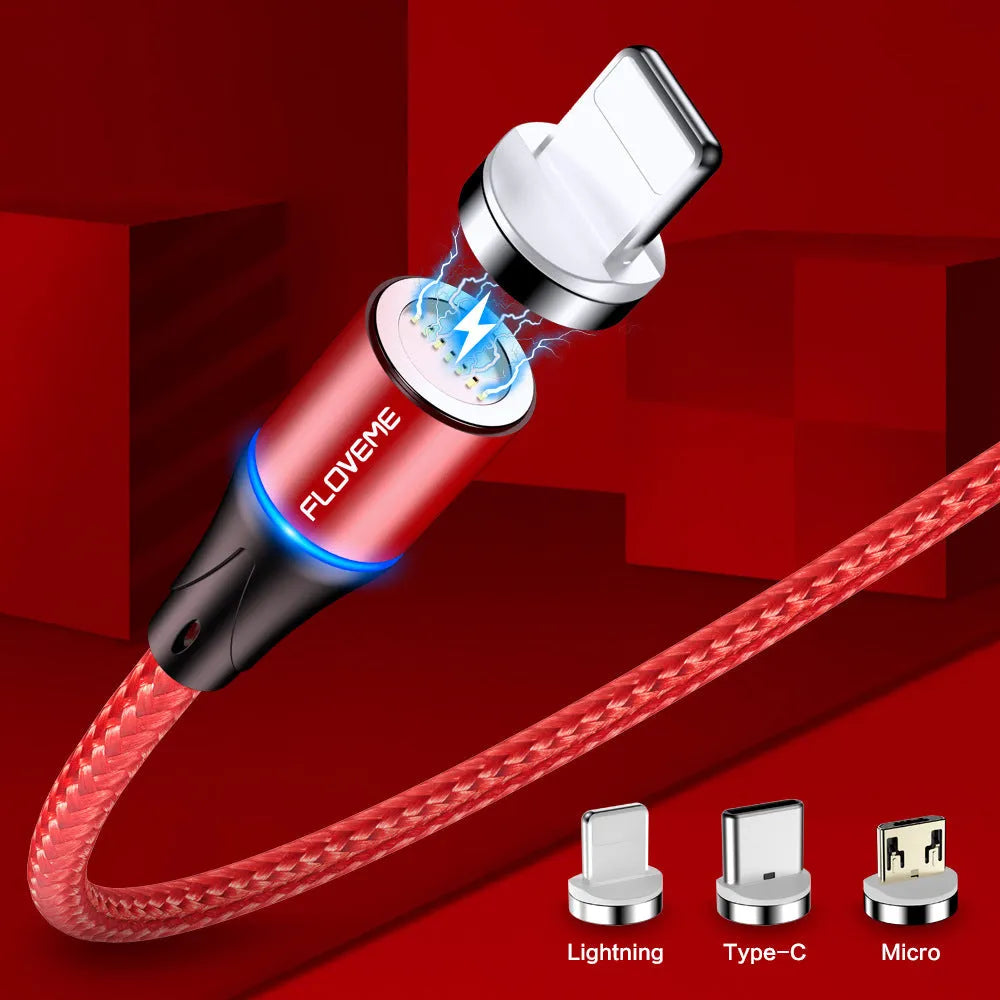 Black magnetic fast-charge data cable with side LED light and Type-C, Lightning, and Micro-USB connectors.