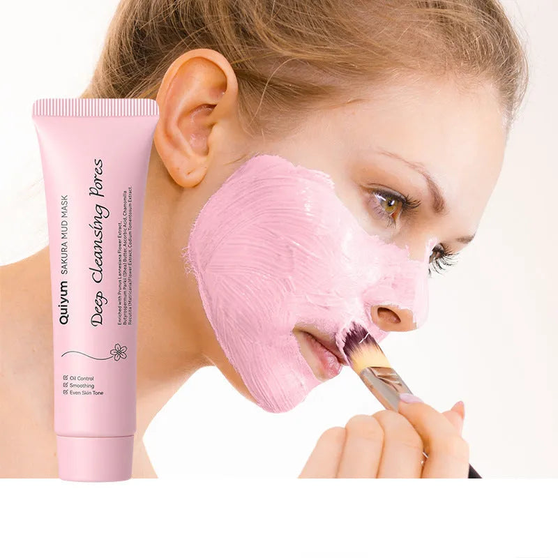 Cherry blossom mud mask 30g packaging with facial mask application for cleansing and hydrating skincare
