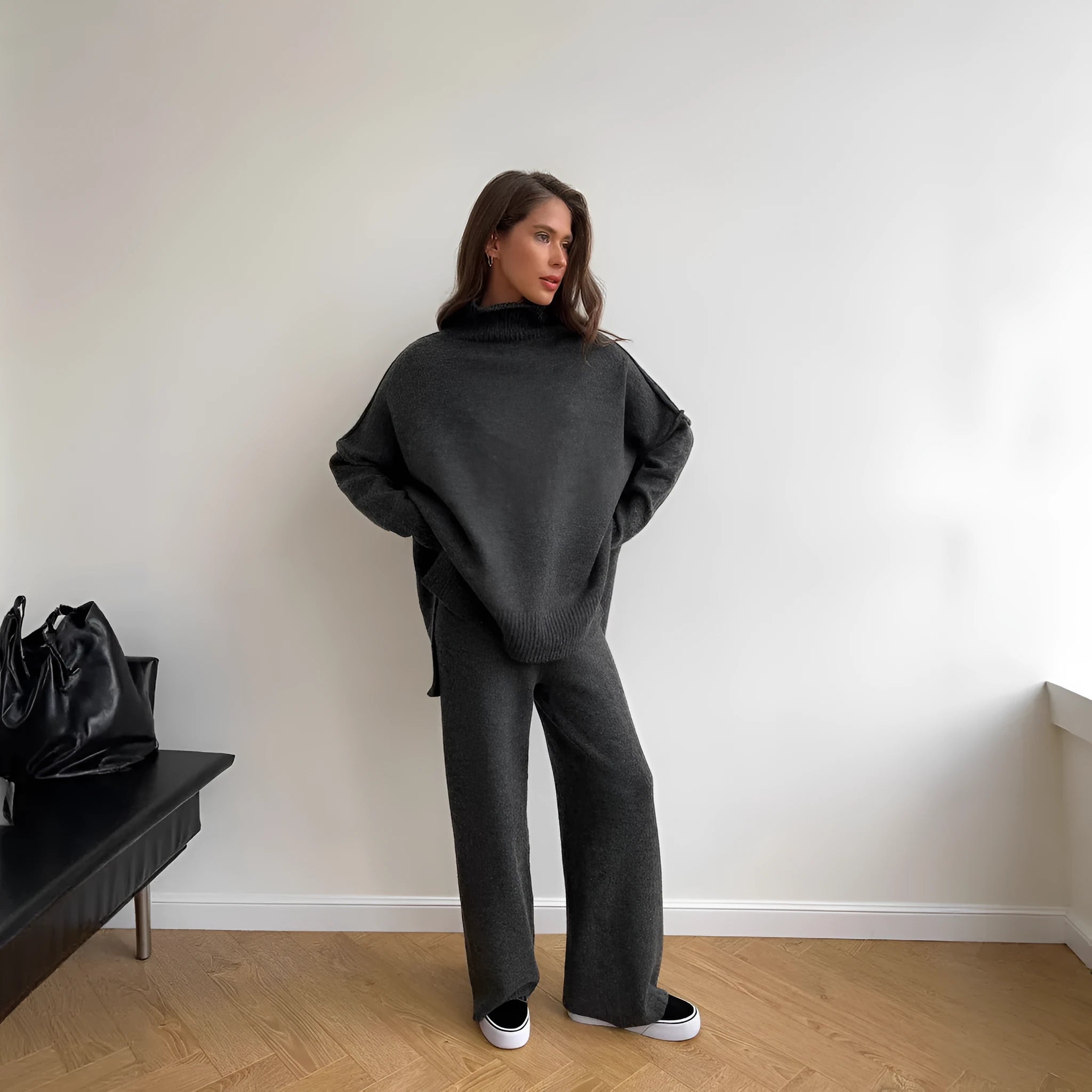 Women's solid colour acrylic trouser suit with long sleeve top and matching trousers
