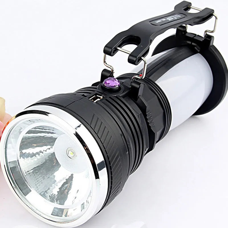Black solar and USB charging LED emergency flashlight for outdoor use