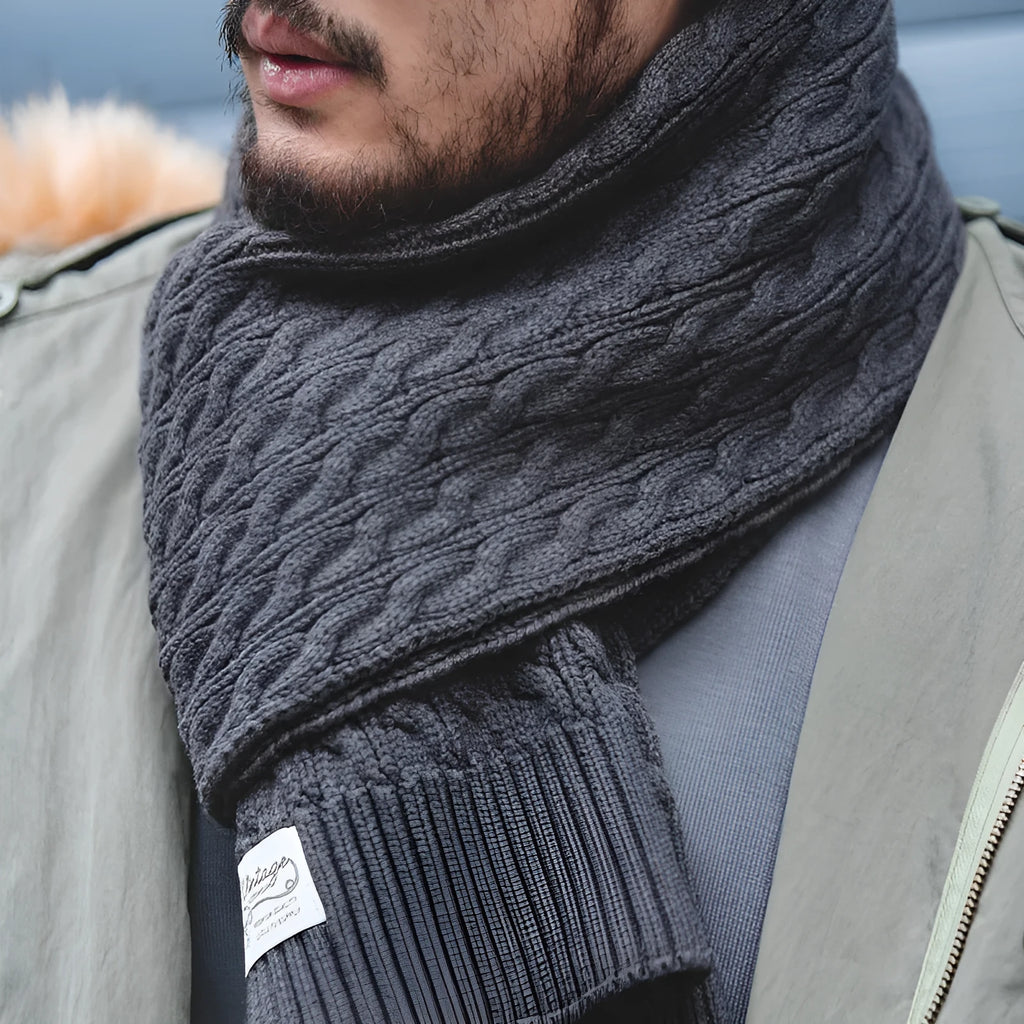 Men's warp knit plaid winter scarf in brown and dark grey on a white background