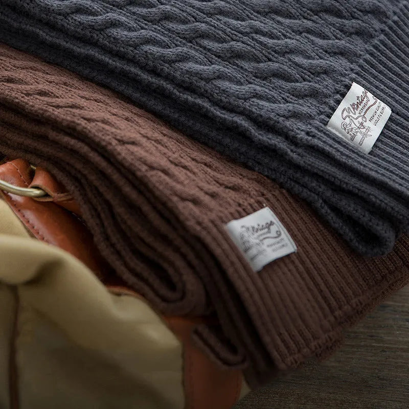 Men's warp knit plaid winter scarf in brown and dark grey on a white background