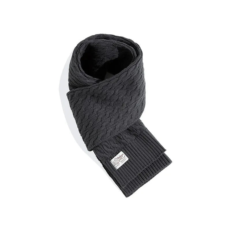 Men's warp knit plaid winter scarf in brown and dark grey on a white background