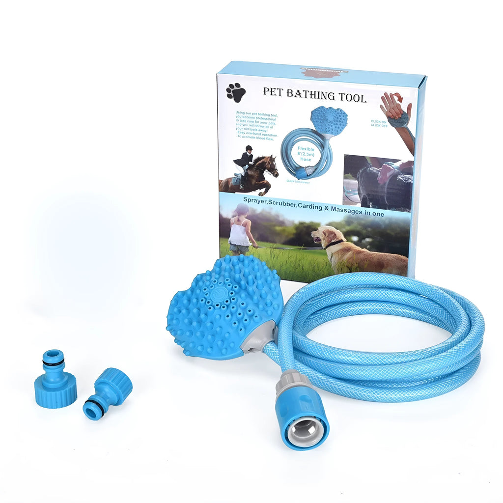 Blue pet bathing massage gloves with one-handed control, 2.5m PVC hose, and adapters for shower or garden hose