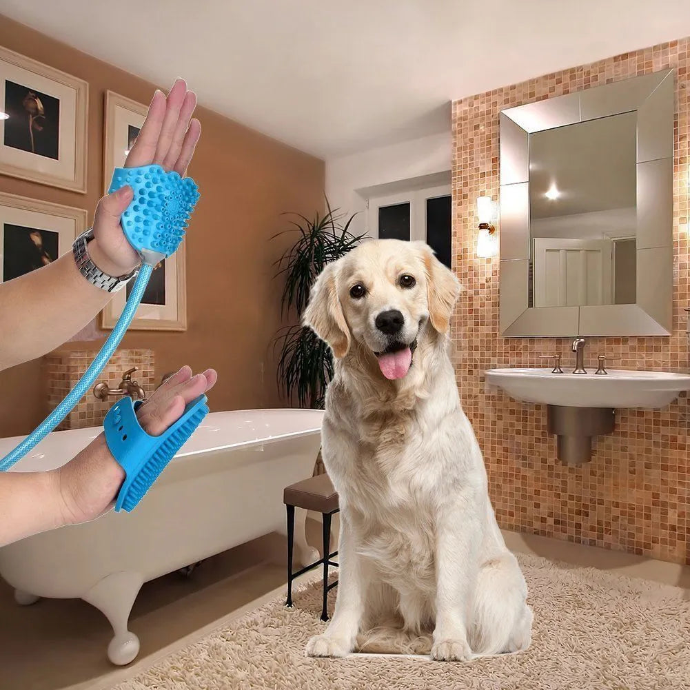 Blue pet bathing massage gloves with one-handed control, 2.5m PVC hose, and adapters for shower or garden hose